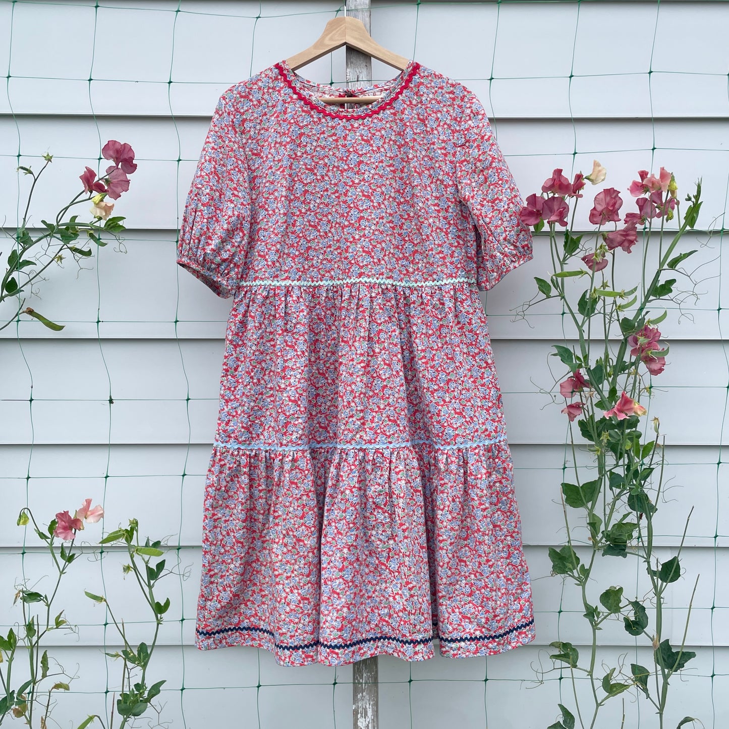 Red Floral Rick Rack Dress Upcycled from Vintage Quilt S