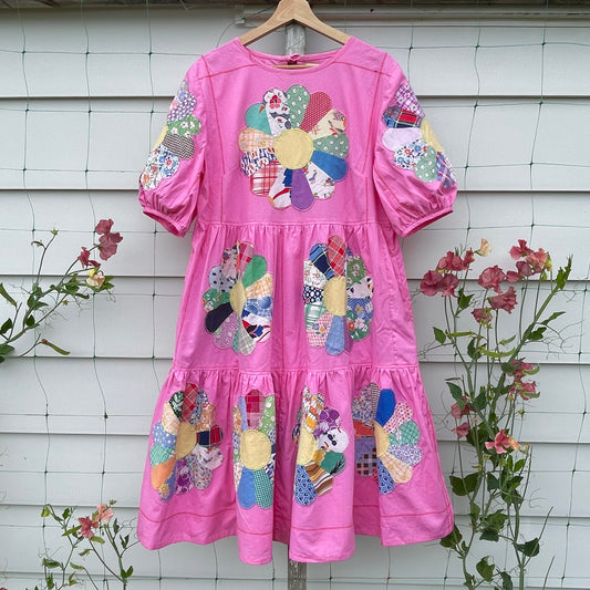 Pink Dresden Plate Prairie Dress Upcycled from Vintage Quilt M