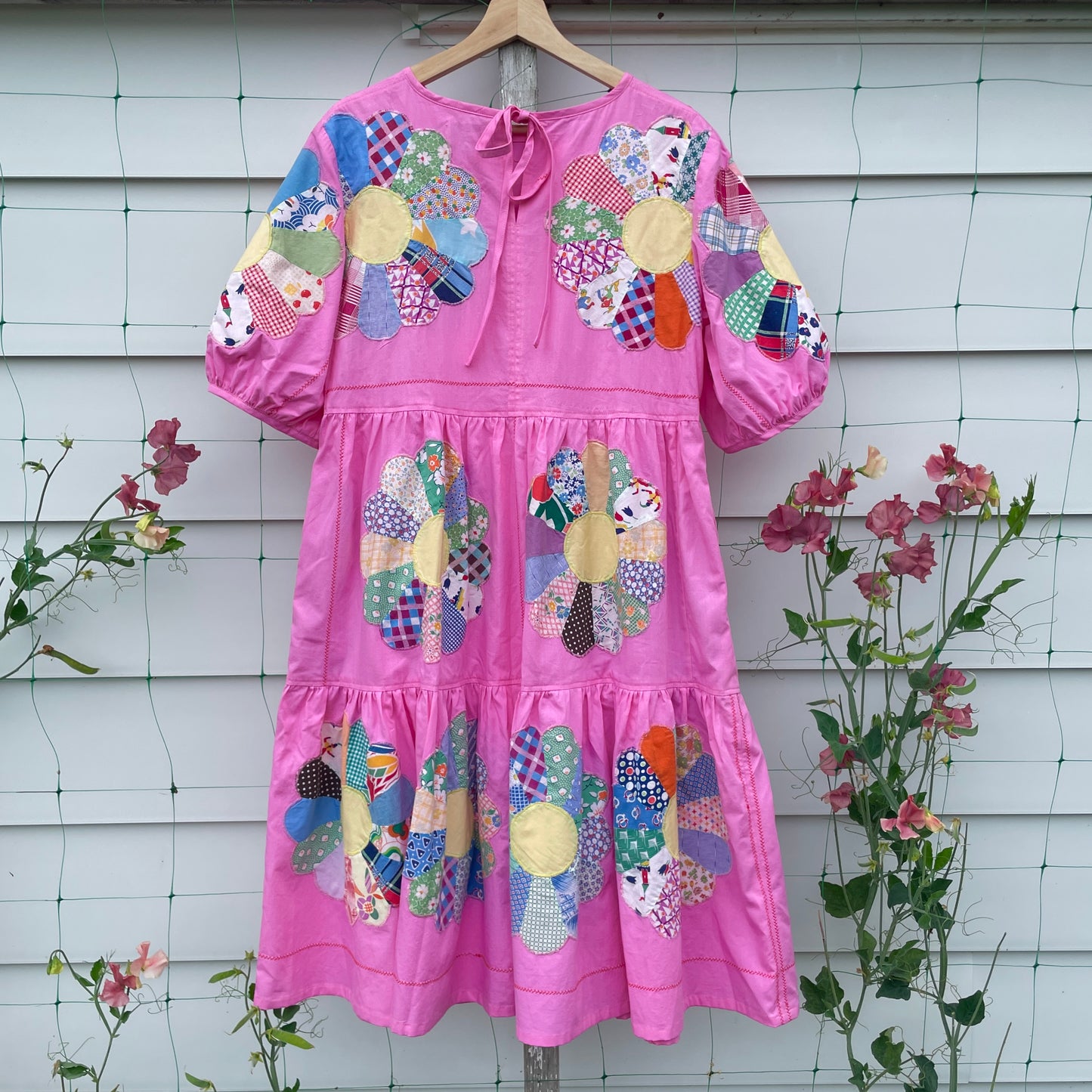 Pink Dresden Plate Prairie Dress Upcycled from Vintage Quilt M