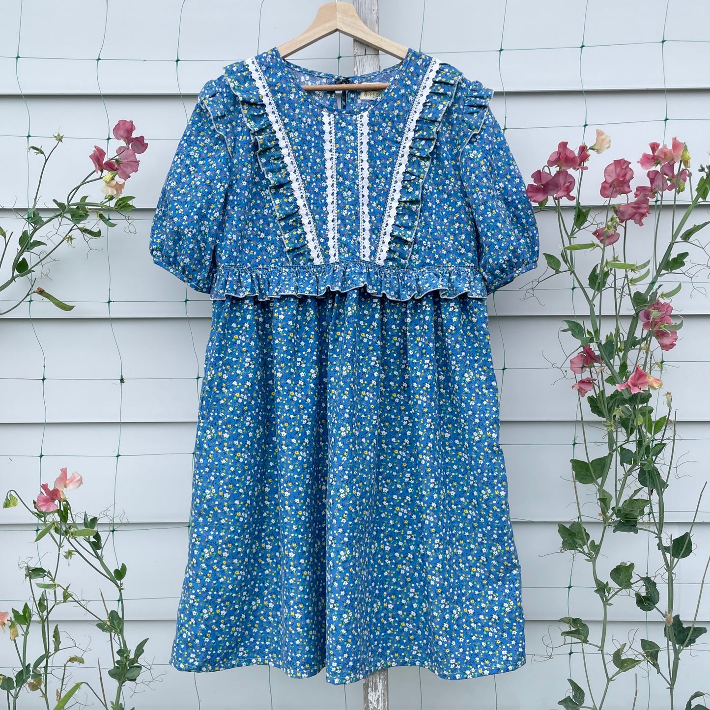 Blue Floral Prairie Dress with Ruffles Upcycled from Vintage Curtains L