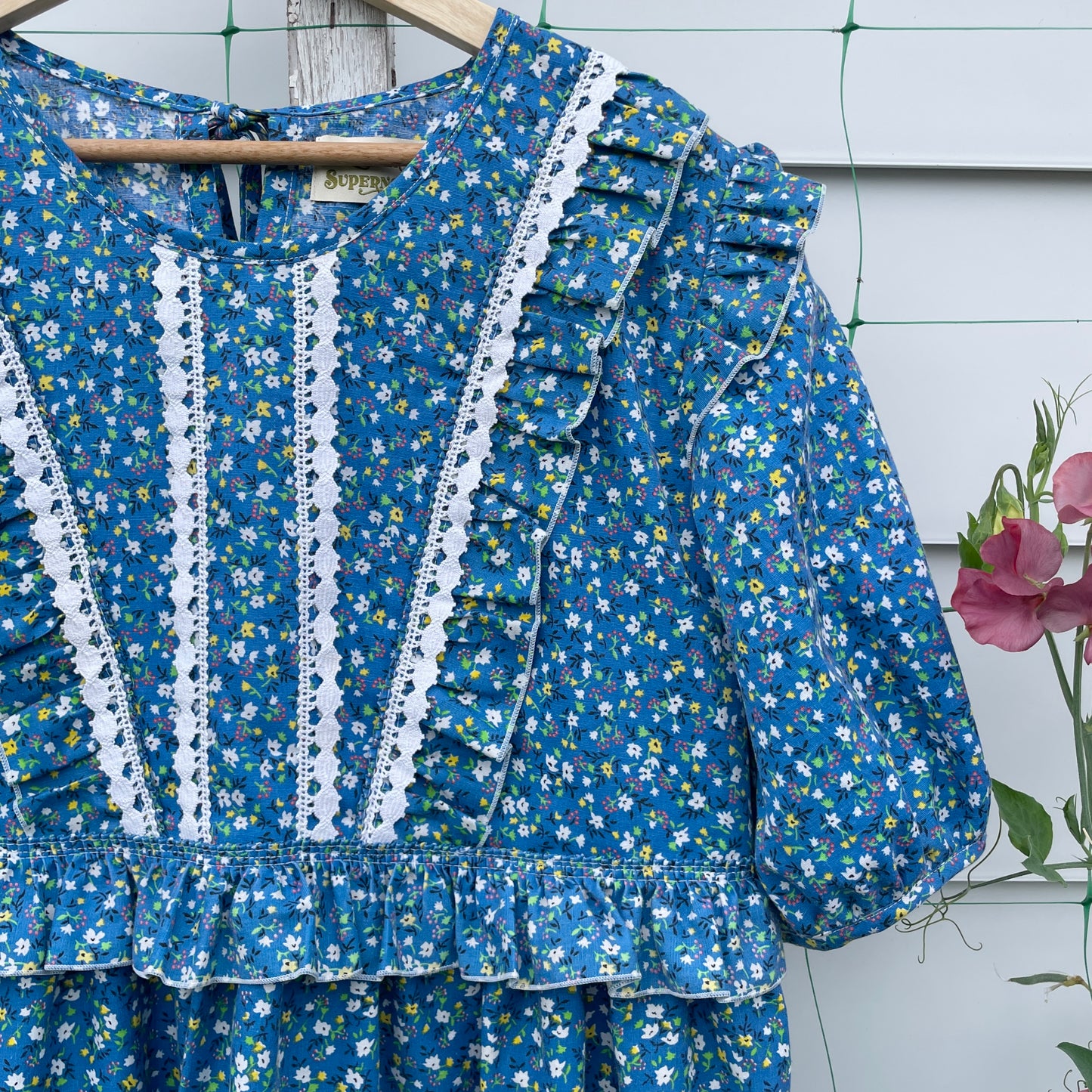 Blue Floral Prairie Dress with Ruffles Upcycled from Vintage Curtains L