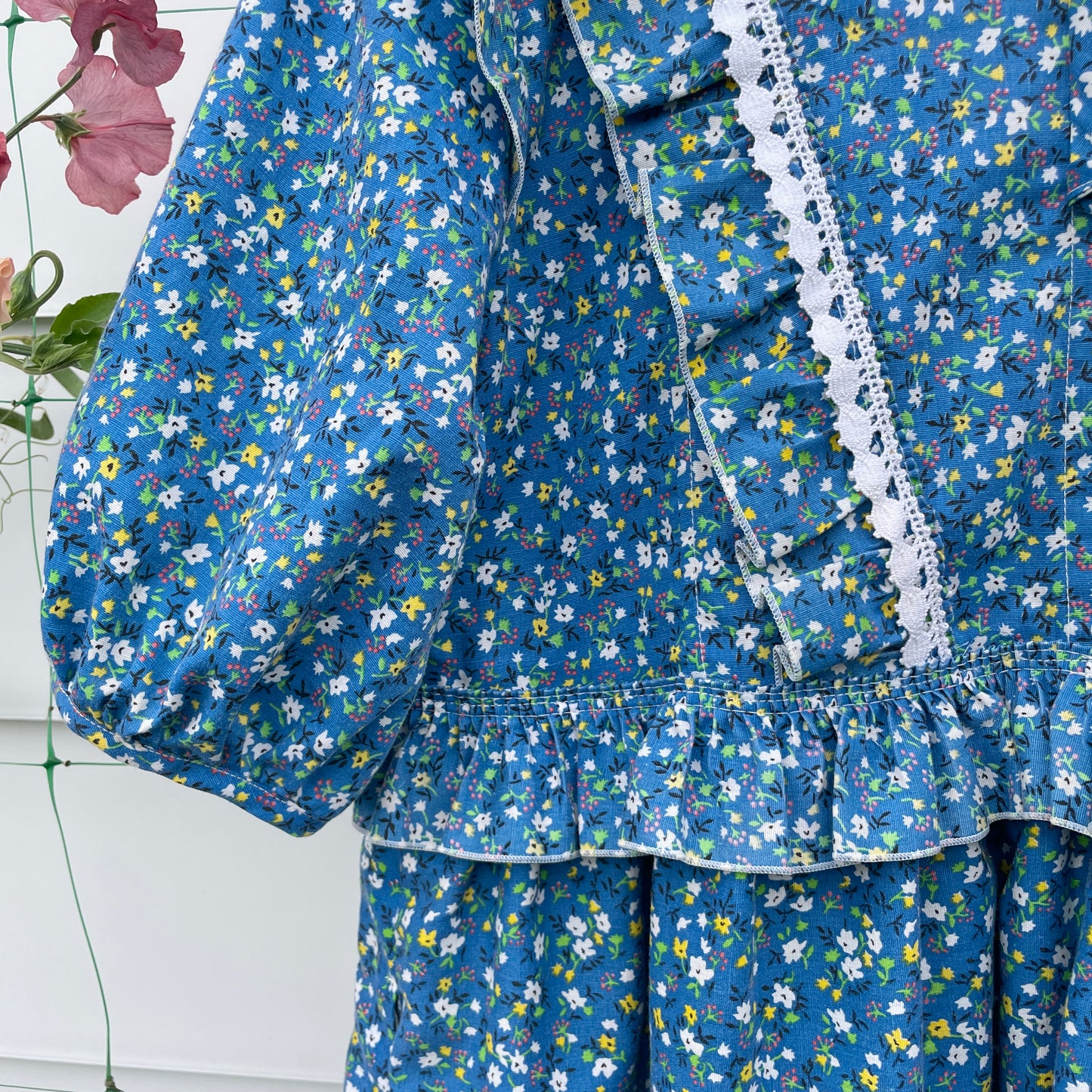 Blue Floral Prairie Dress with Ruffles Upcycled from Vintage Curtains L