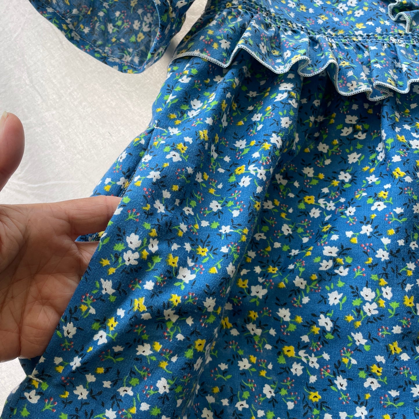 Blue Floral Prairie Dress with Ruffles Upcycled from Vintage Curtains XS