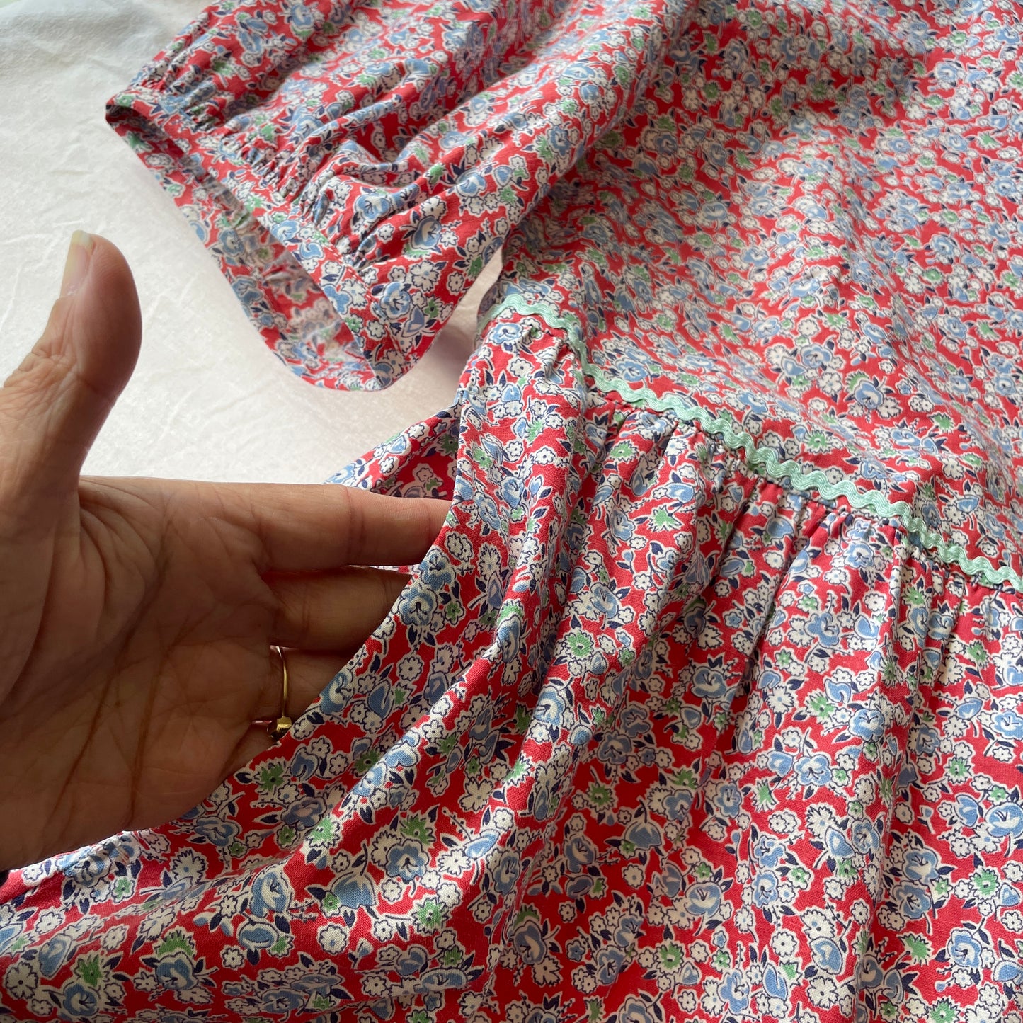 Red Floral Rick Rack Dress Upcycled from Vintage Quilt S