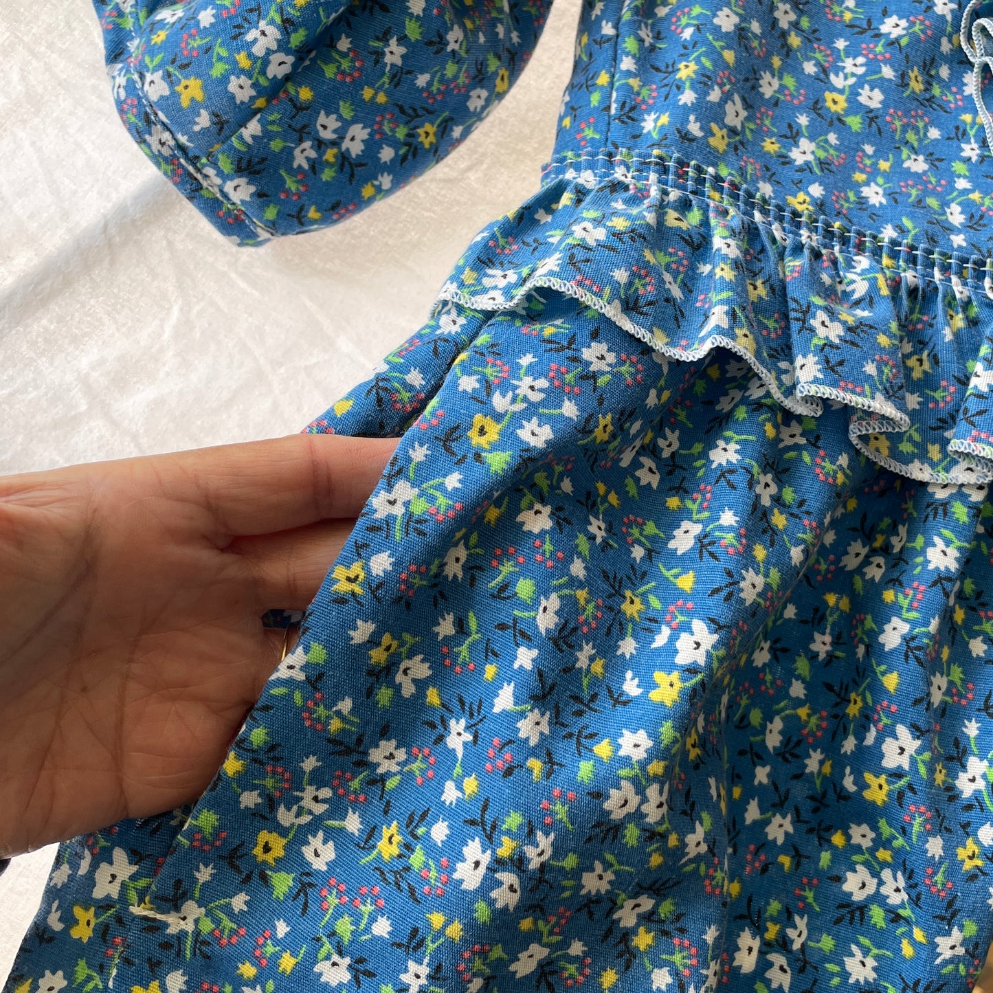 Blue Floral Prairie Dress with Ruffles Upcycled from Vintage Curtains L