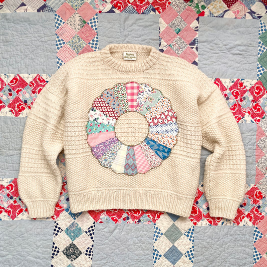 Hand Knit Sweater with Colourful Dresden Plate Appliqué