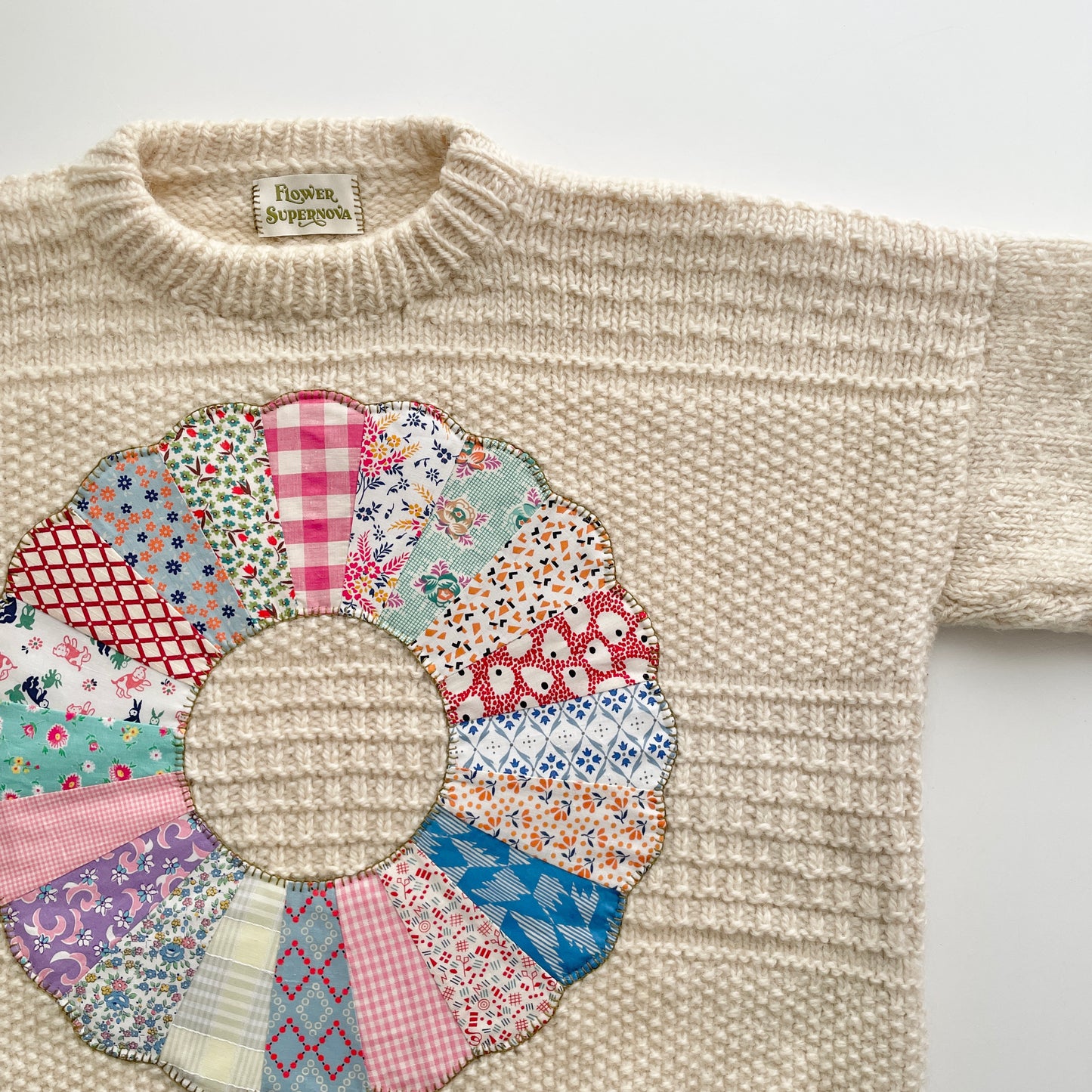 Hand Knit Sweater with Colourful Dresden Plate Appliqué