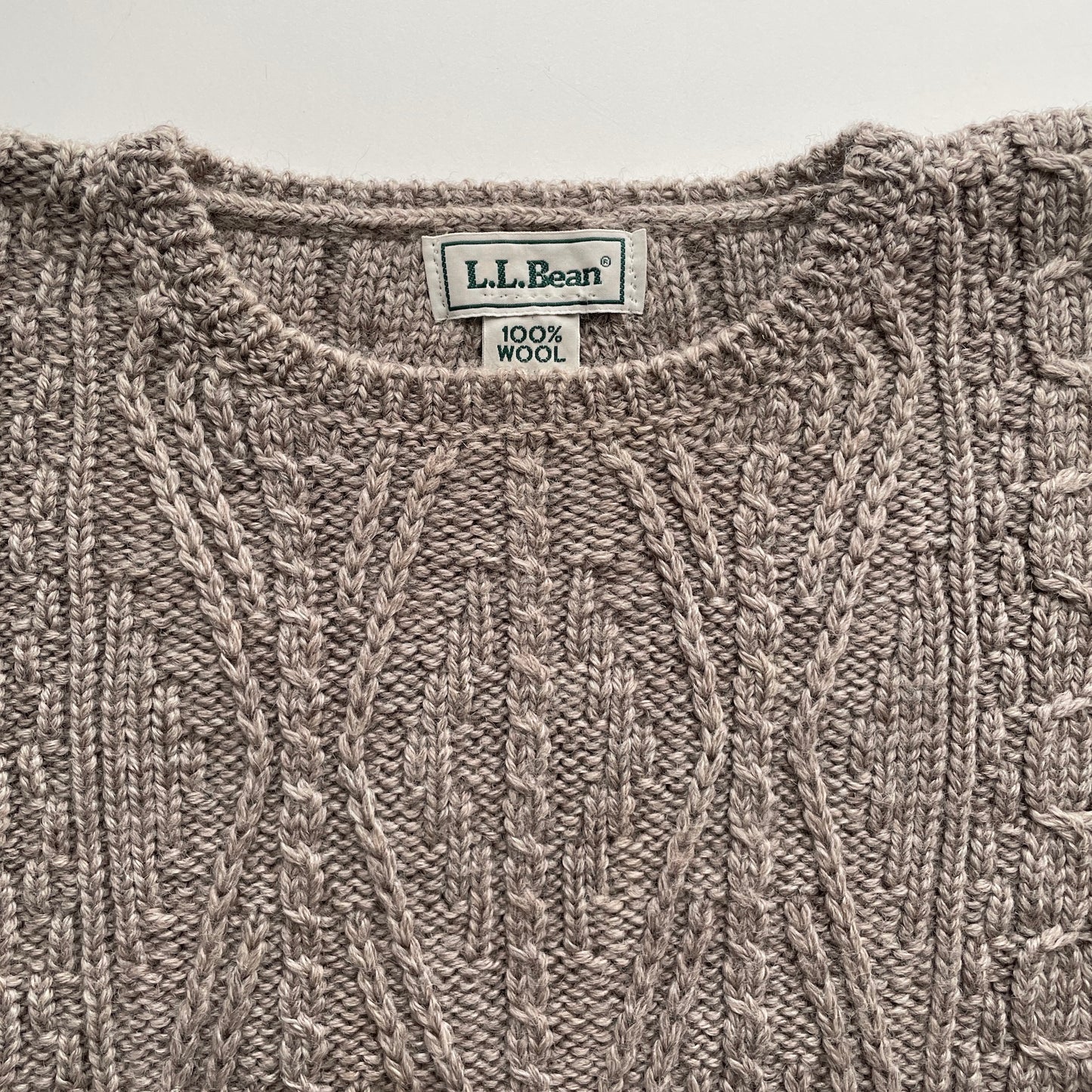 Vintage L.L. Bean Taupe Wool Cable Knit Sweater Made in Ireland M