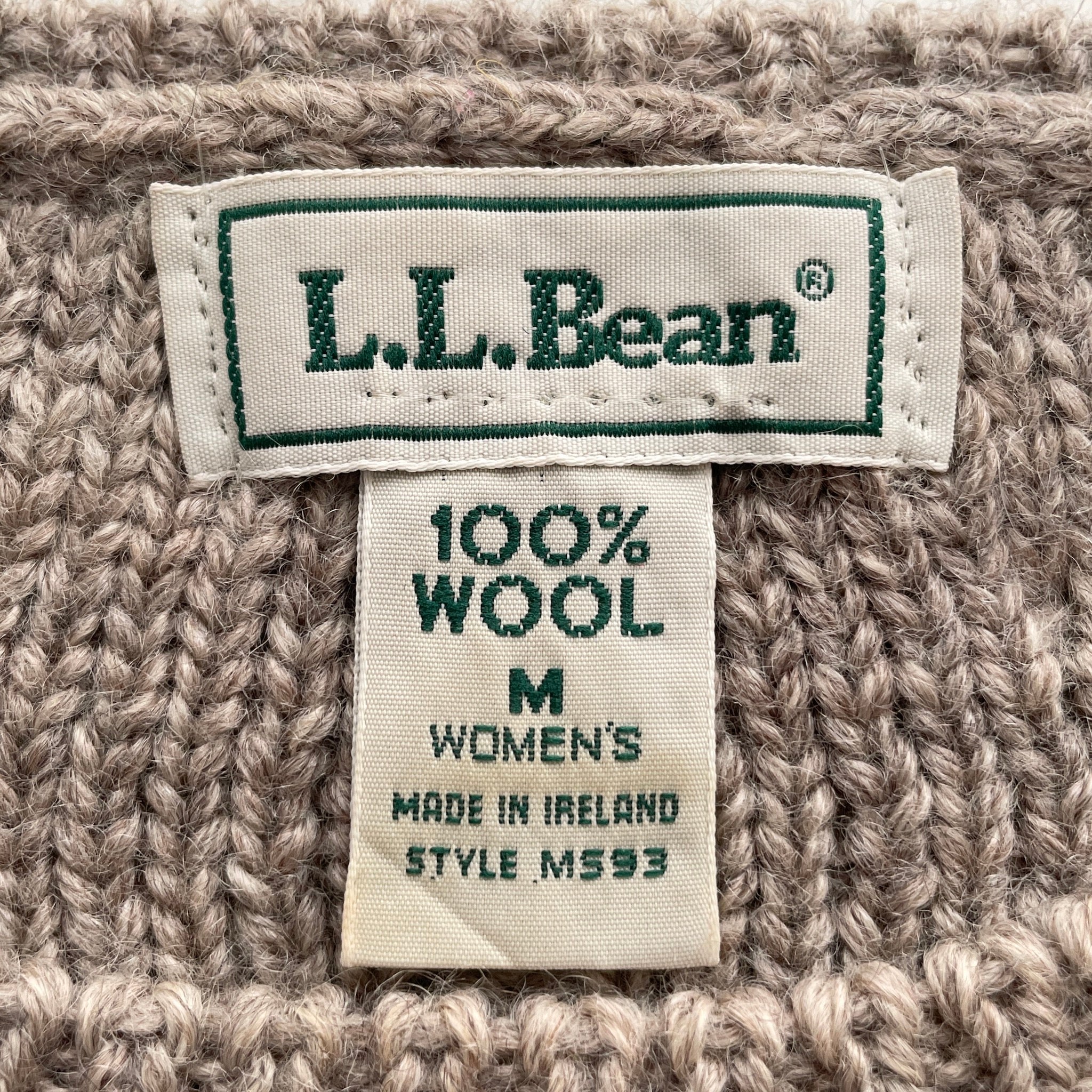 Vintage L.L. Bean Taupe Wool Cable Knit Sweater Made in Ireland M