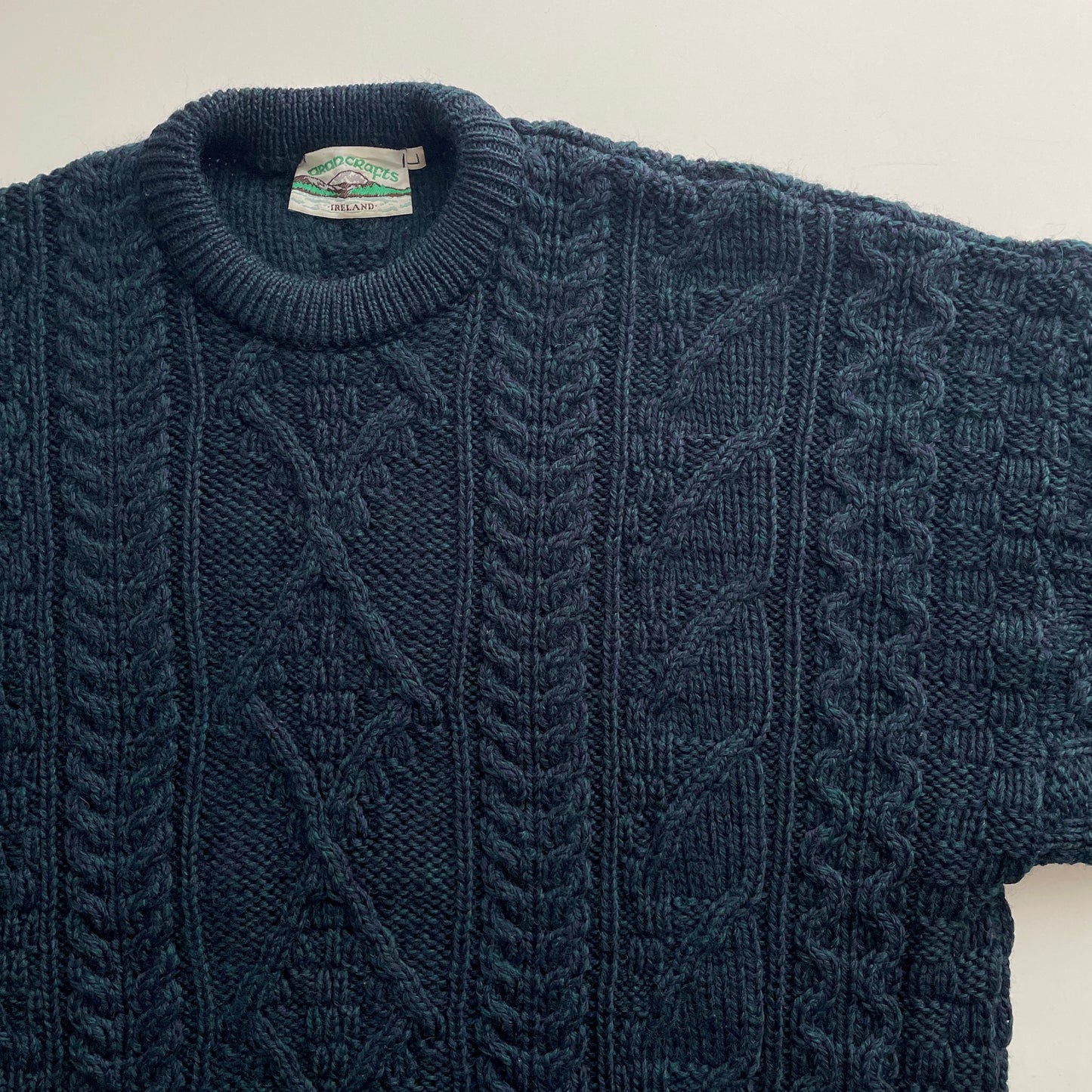 Vintage Aran Crafts Fisherman Sweater with Visible Mending L